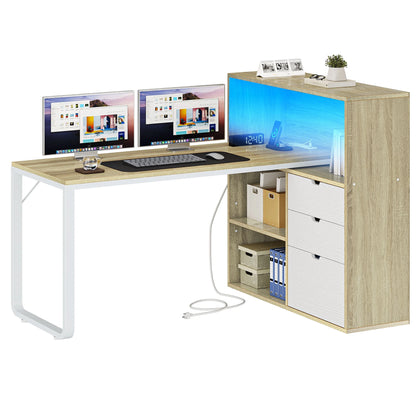 Dextrus L Shaped Desk with Power Outlets & LED Lights, Computer Desk with 3 Drawers and 3 Storage Shelves, White Office Desk Corner Desk for Home Office