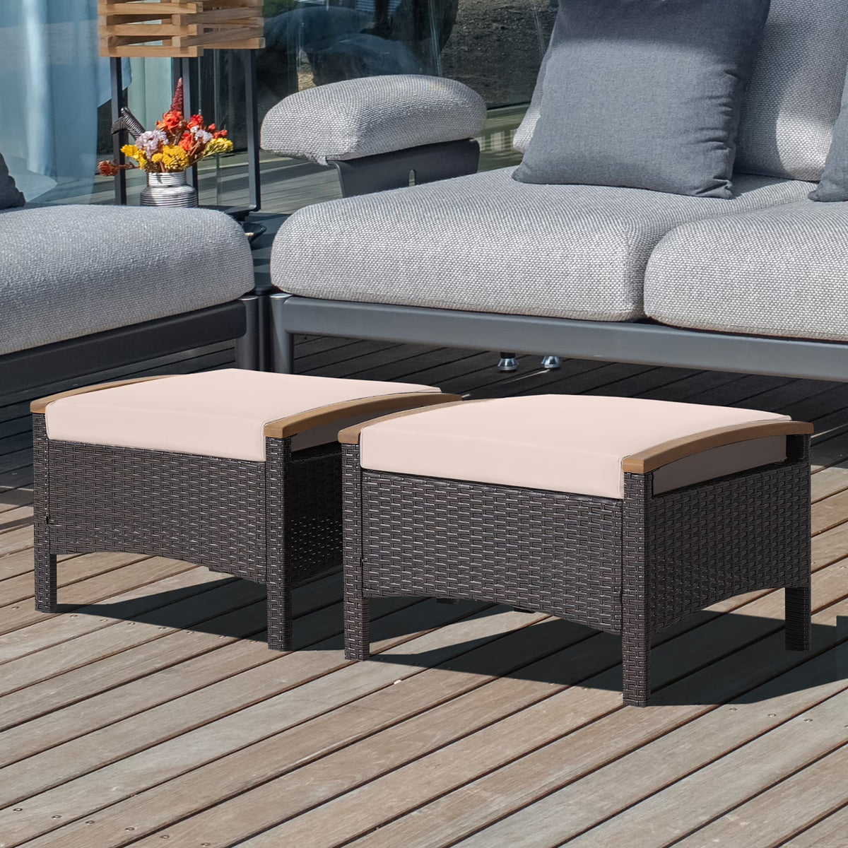Costway Set of 2 Patio Rattan Ottoman Footrest Cushions Wooden Handle Beige