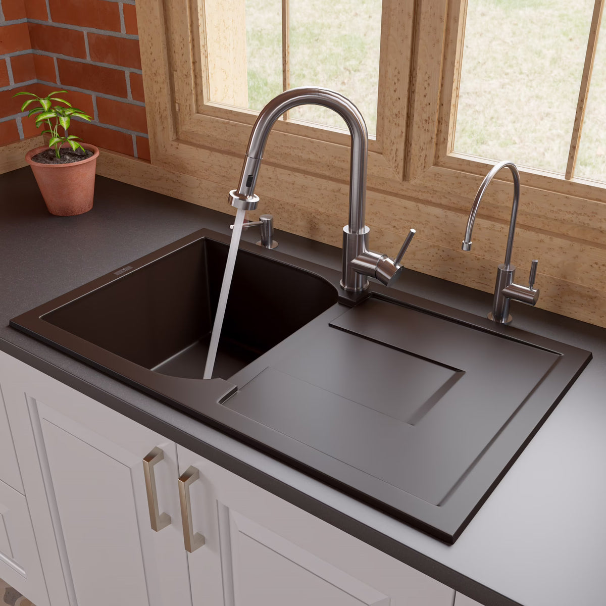 ALFI brand AB1620DI-BLA Black 34" Single Bowl Granite Composite Kitchen Sink with Drainboard
