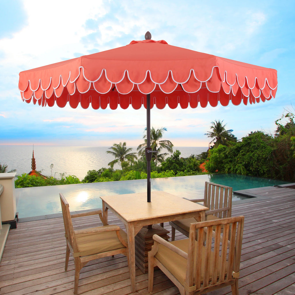 JONATHAN Y Tracy 9 ft. Market Patio Umbrella, Classic Mid-Century Scalloped Fringe, with Auto-Tilt Crank, Wind Vent and UV Protection, Coral Pink/White, Dark Brown Pole