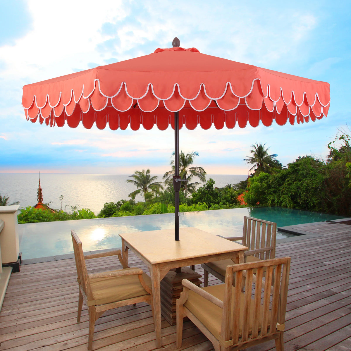 JONATHAN Y Tracy 9 ft. Market Patio Umbrella, Classic Mid-Century Scalloped Fringe, with Auto-Tilt Crank, Wind Vent and UV Protection, Coral Pink/White, Dark Brown Pole