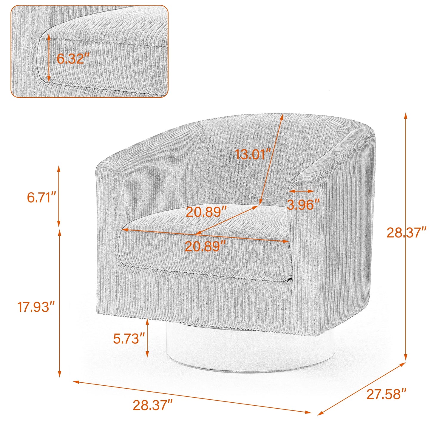UIXE Swivel Accent Chair, Upholstered Fabric Barrel Chair for Living Room, Small Single Sofa Bedroom Reading Seat, Light Gray