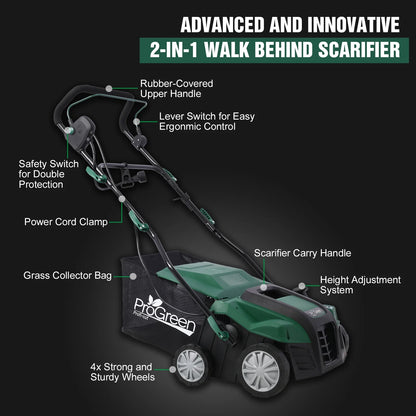2-in-1 16" Walk Behind Electric Dethatcher Scarifier 15 Amp with Large 58QT Removable Collection Bag for Lawn Yard Garden Care