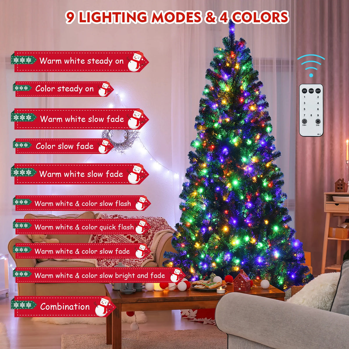 Costway 7ft Pre-lit Hinged Christmas Tree w/ Remote Control & 9 Lighting Modes