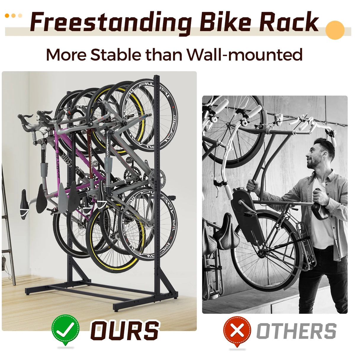 Danrelax Freestanding Bike Storage Rack, 300 lbs 5 Bikes Capacity, Vertical Bike Rack for Garage, Adjustable Hooks, Indoor Bicycle Storage Stand for Home, Black