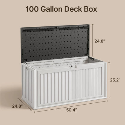 100 Gallon Resin Deck Box, Asofer Lockable Patio Outdoor Storage Box, Garden Tools Storage, Beige/Brown