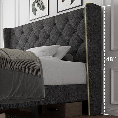 iPormis Full Size Bed Frame with Diamond Button Tufted Wingback Headboard, Upholstered Platform Bed Frame with Strong Wood Slat Support, No Box Spring Needed,Black
