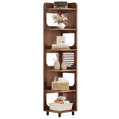 Fnova 71" 6-Tier Tall Corner Bookshelf, Rustic Wooden Narrow Corner Bookcase with Artistic Square Rack, Freestanding Display Storage Shelf for Space-Saving Home Organizing