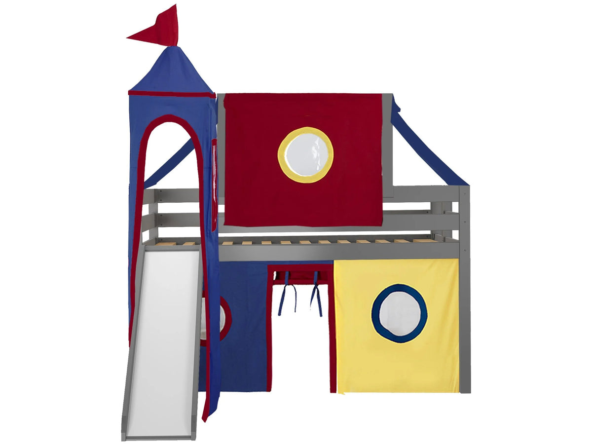 JACKPOT! Castle Low Loft Bed with Slide, Red Yellow and Blue Tent and Tower, Twin, Cherry