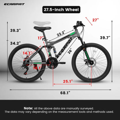 A2760 27.5 Inch Full Suspension Mountain Bike, Front and Rear Dual Shock Absorbers, Mechanical Disc Brakes, 21-Speed, Suitable for Men and Women, Ideal for Travel and Fitness Enthusiasts