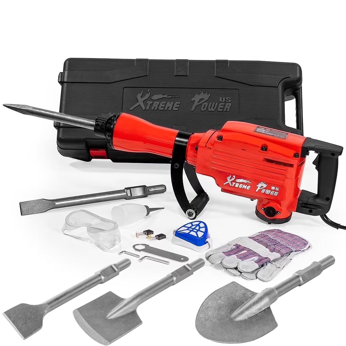 XtremepowerUS Demolition Jack Hammer Heavy Duty, 3600W Electric Jackhammer 1900BPM Power Drill Concrete Breaker Bar Point & Chisel Bits Chisel Set