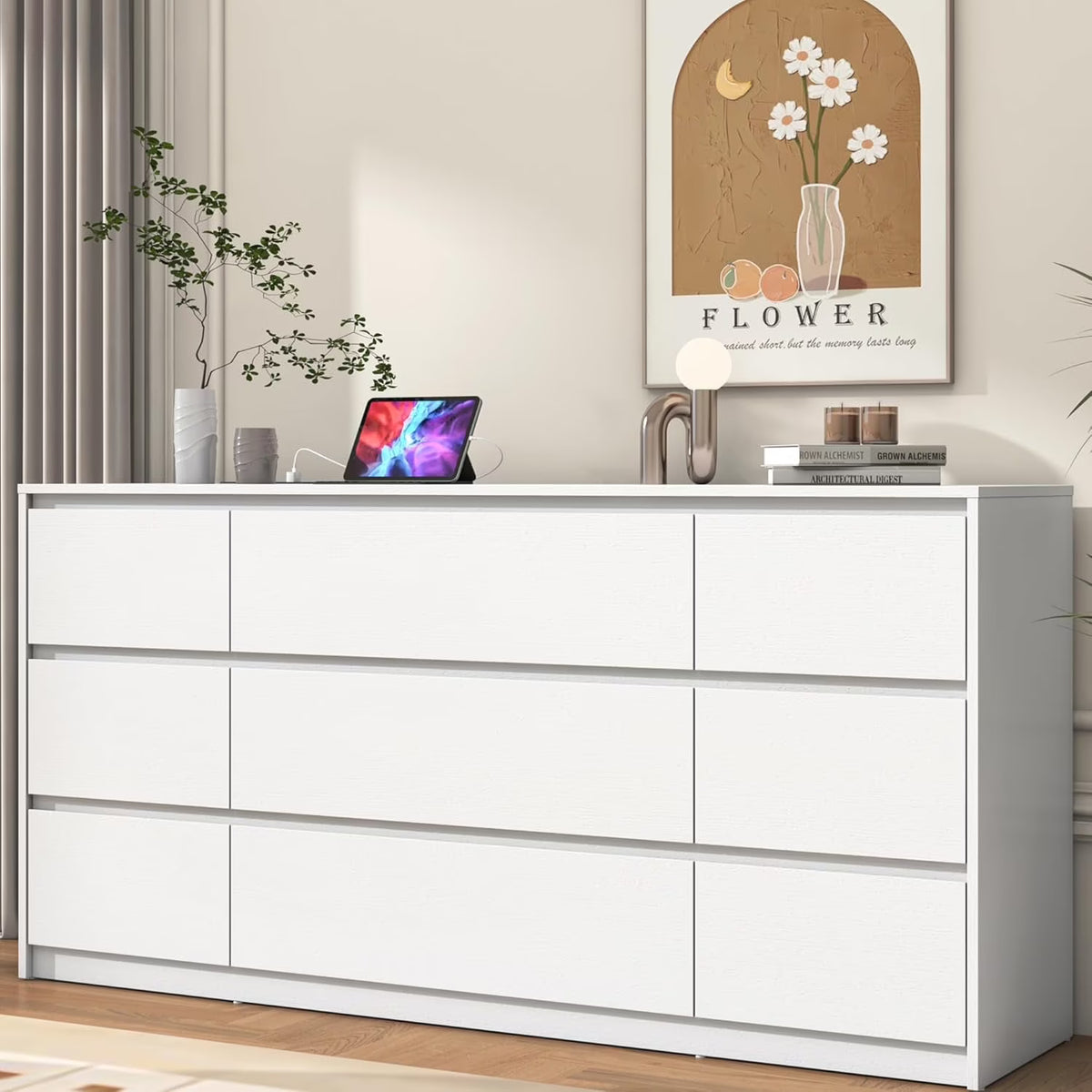 ChVans Black 9 Drawers Dresser with Charging Station, 63" Long Modern Dresser with 9 Drawers for Bedroom, Large Wood Chest of Drawers Handle Free, Dresser for Bedroom, Living Room, Hallway