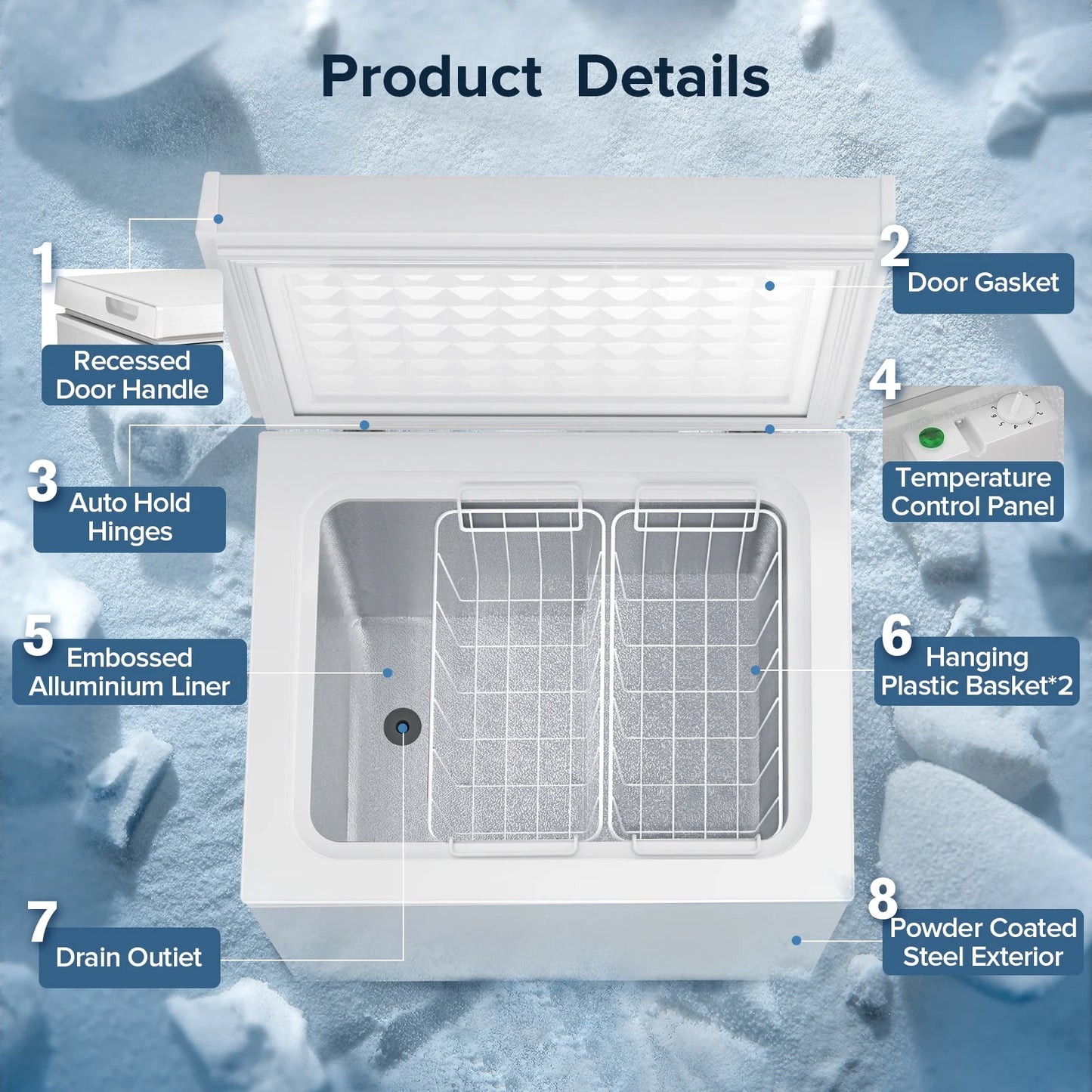 Auseo Mini Freezer Chest 3.5 cu ft,  Black Deep Freezer & Side Handle, Compact Freezer with 7 Gear Adjustable Temperature, Removable Storage Basket*2, Energy Saving