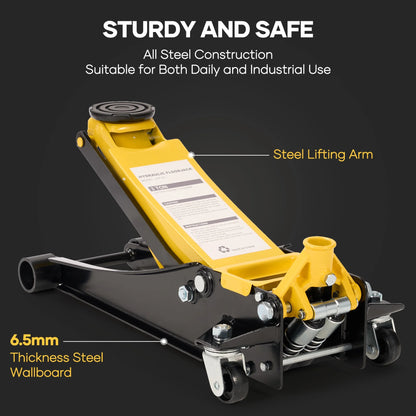 Naipo 3 Ton Low Profile Floor Jack, Dual Piston Hydraulic Pump, Heavy Duty All Steel Construction, Lifting Range 2.8"-19.7", Use for Car, SUV, Mini RV, Light Truck, Yellow