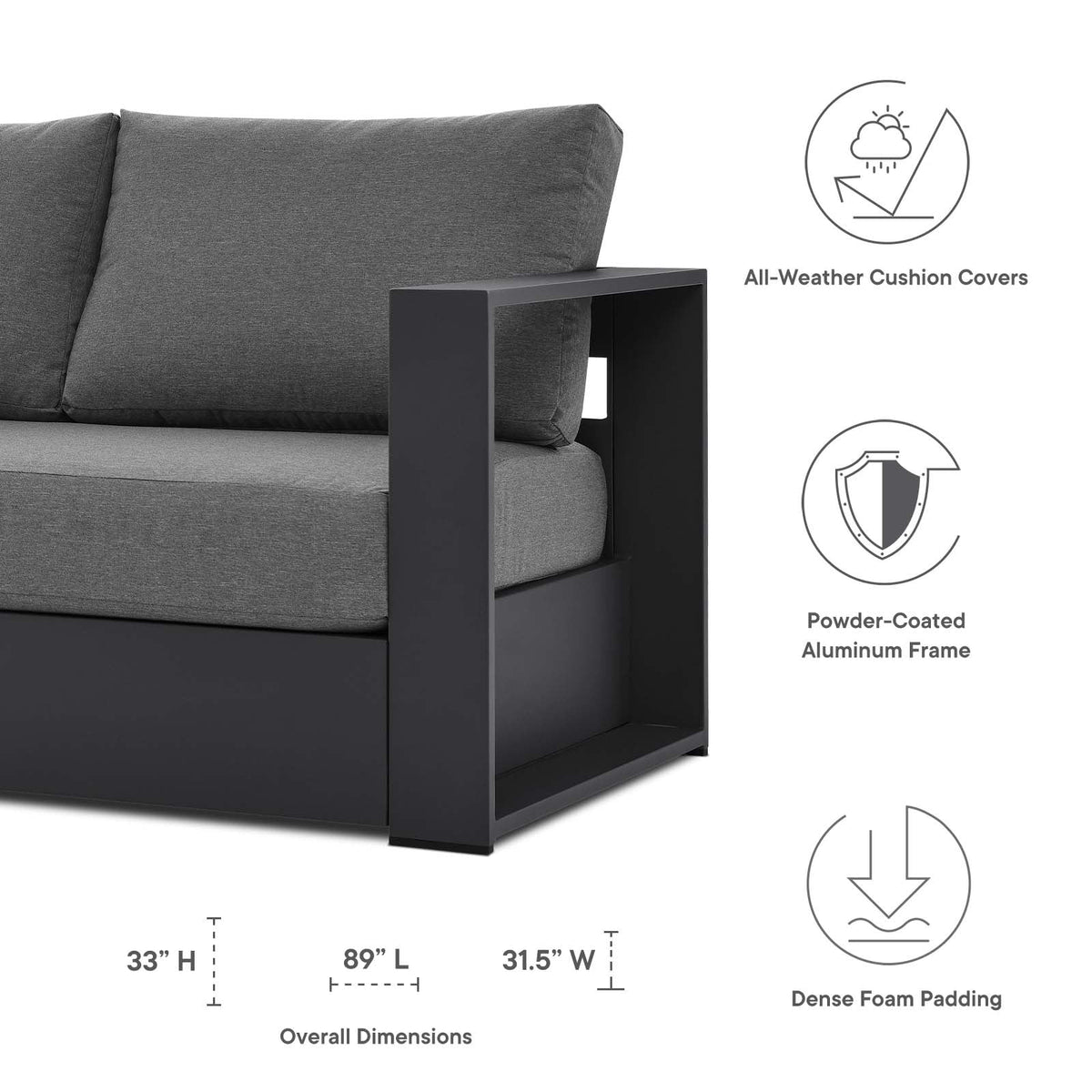 Lounge Sofa Table Set, Grey Gray, Aluminum, Metal, Fabric, Modern Contemporary, Outdoor Patio Balcony Cafe Bistro Garden Furniture Hotel Hospitality