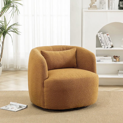 34" Wide Boucle Swivel Barrel Chair, No Assembly Round Upholstered Armchair Accent Chair Single Sofa Chair with Toss Pillow for Living Room and Bedroom, Taupe