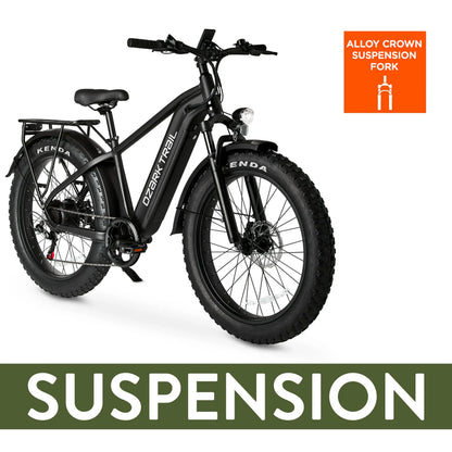 26" Ozark Trail M.3 Ranger+ Electric Fat Tire Bike, 48V, Class 2, Black, Fits Riders 5'2" - 6'1", Adult