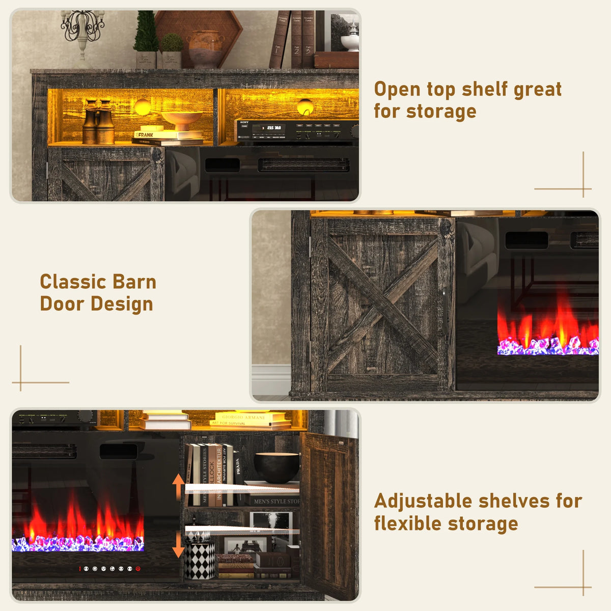 ChVans 70" Fireplace TV Stand for TVs up to 80" with 36" Electric Fireplace, Farmhouse Entertainment Center with LED, Wooden Media Console for Living Room, Bedroom