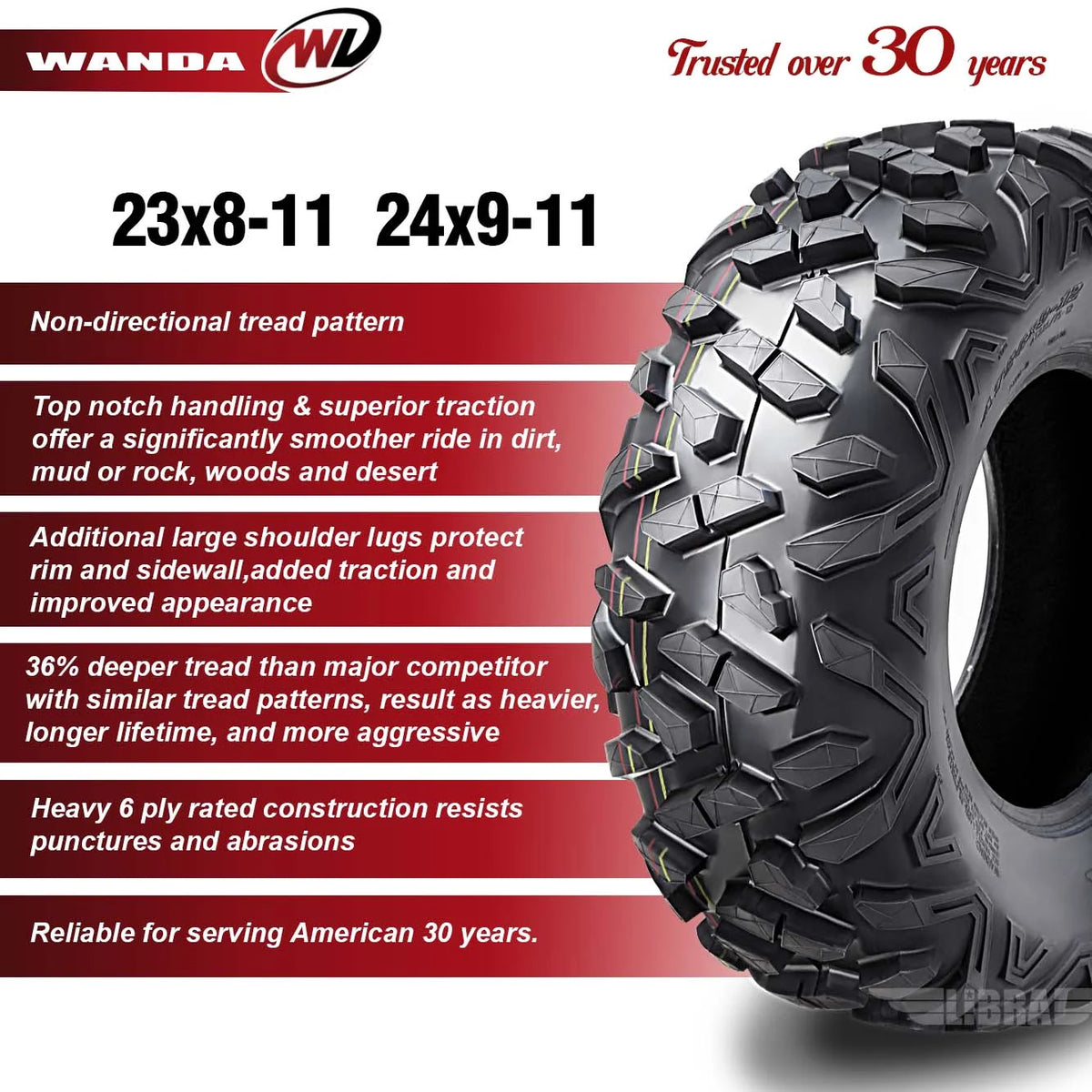 WANDA UTV ATV Tires 23x8-11 Front & 24x9-11 Rear /4PR Ultra Deep Self-cleaning Tread, Set 4