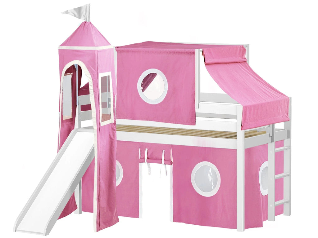 JACKPOT! Castle Low Loft Bed with Slide, Red Yellow and Blue Tent and Tower, Twin, Cherry