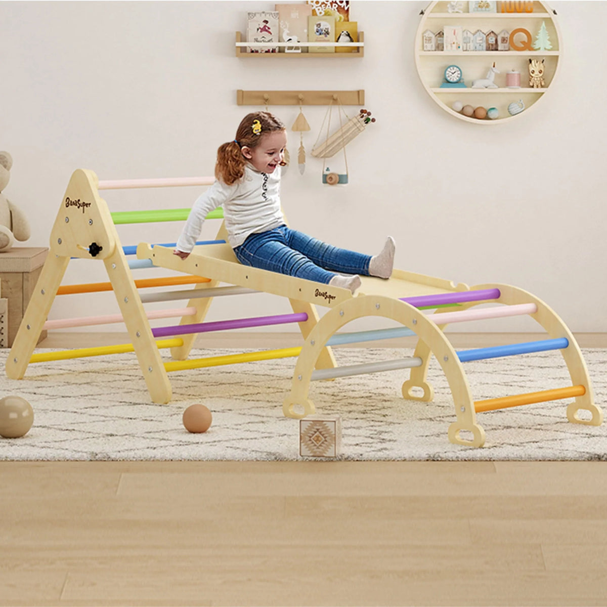 BanaSuper Colorful 3 in 1 Climbing Triangle Ladder with Ramp & Arch Foldable Wooden Triangle Climber Set Montessori Climbing Toys for Kids Ourdoor Indoor Playground Play Gym