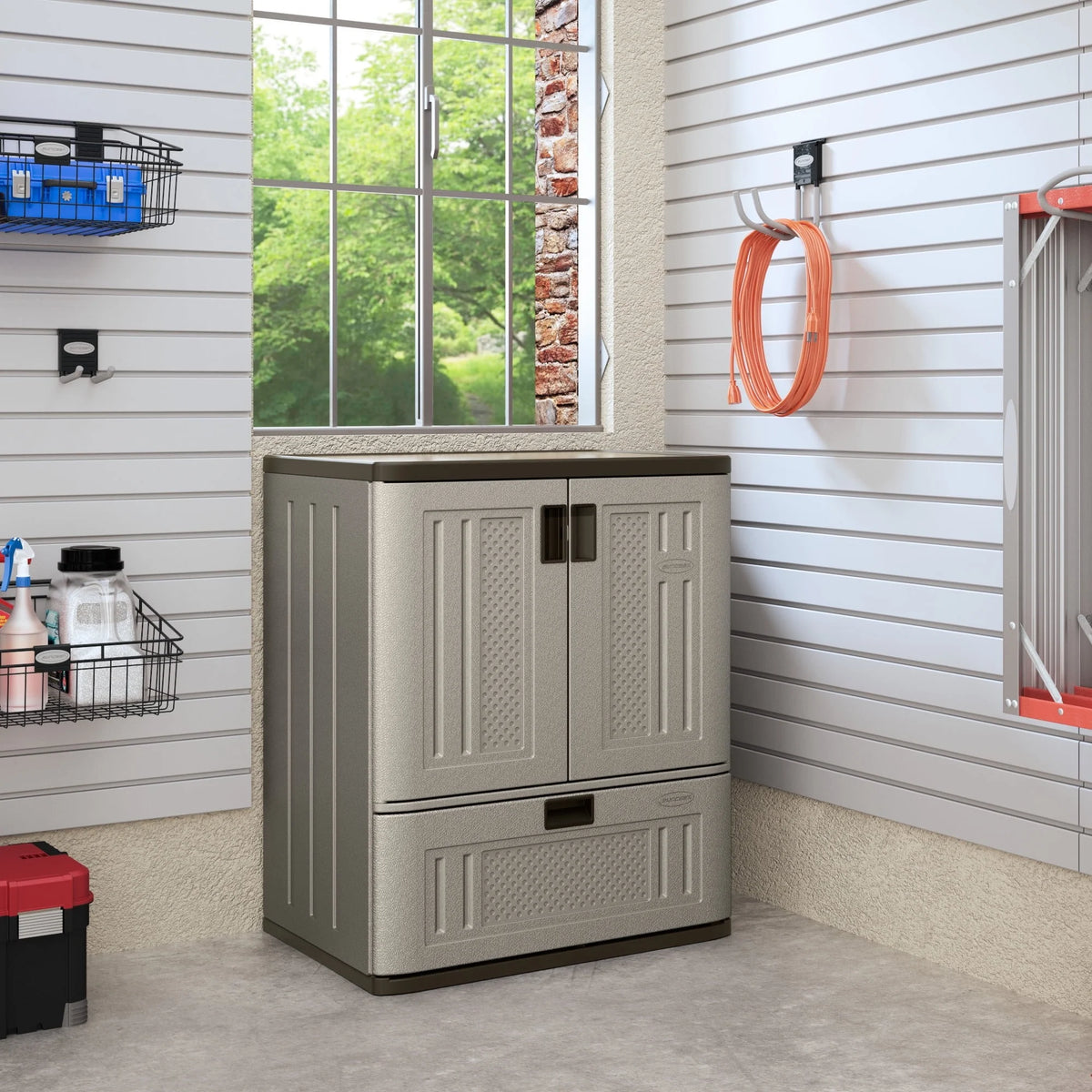 Suncast Single Drawer Resin Base Storage Cabinet, Platinum Metallic