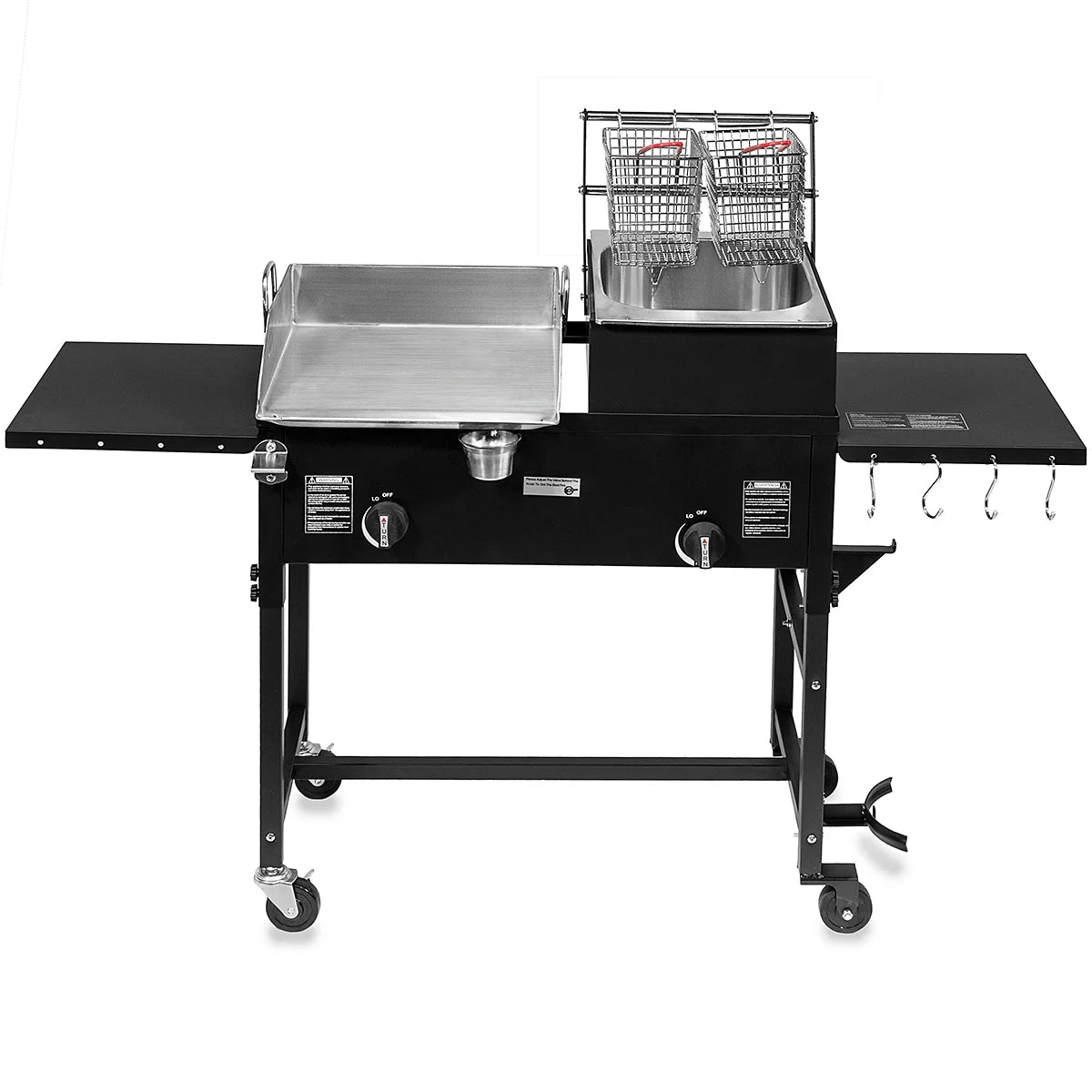 58,000 BTU Outdoor Gas Propane Double Burner Stove Cook Station Flat Top Griddle & Deep Fryer BBQ Grill Camp Side Table