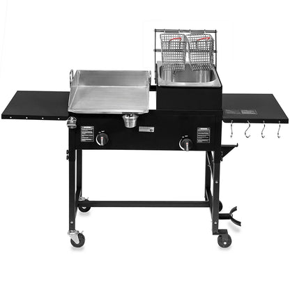 58,000 BTU Outdoor Gas Propane Double Burner Stove Cook Station Flat Top Griddle & Deep Fryer BBQ Grill Camp Side Table