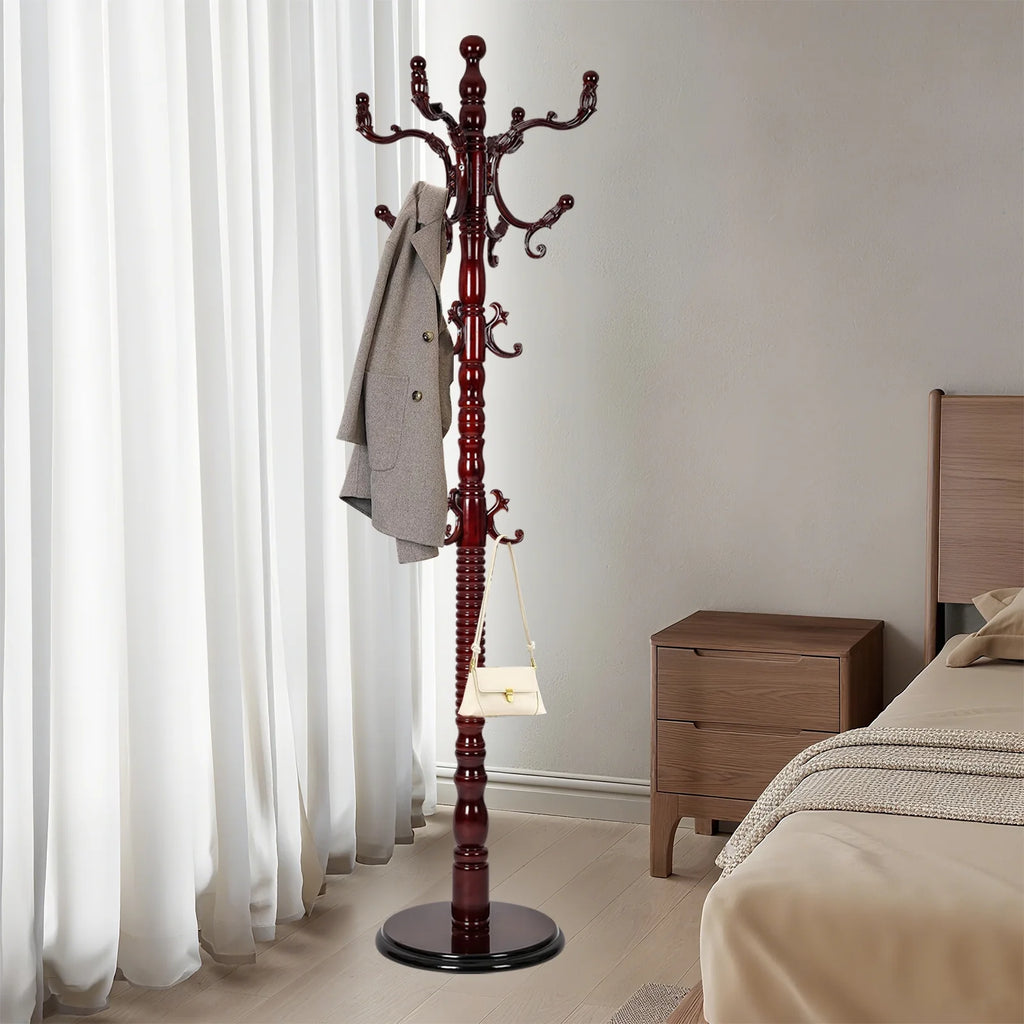 Coat Rack Freestanding, Hall Tree with 11 Hooks, Heavy Duty Wooden Coat Tree Stand, Adjustable Height, Sturdy Base for Bedroom Hallway Office - Load 270lbs