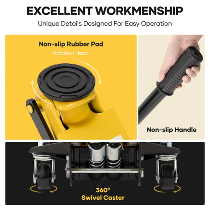 Naipo 3 Ton Low Profile Floor Jack, Dual Piston Hydraulic Pump, Heavy Duty All Steel Construction, Lifting Range 2.8"-19.7", Use for Car, SUV, Mini RV, Light Truck, Yellow