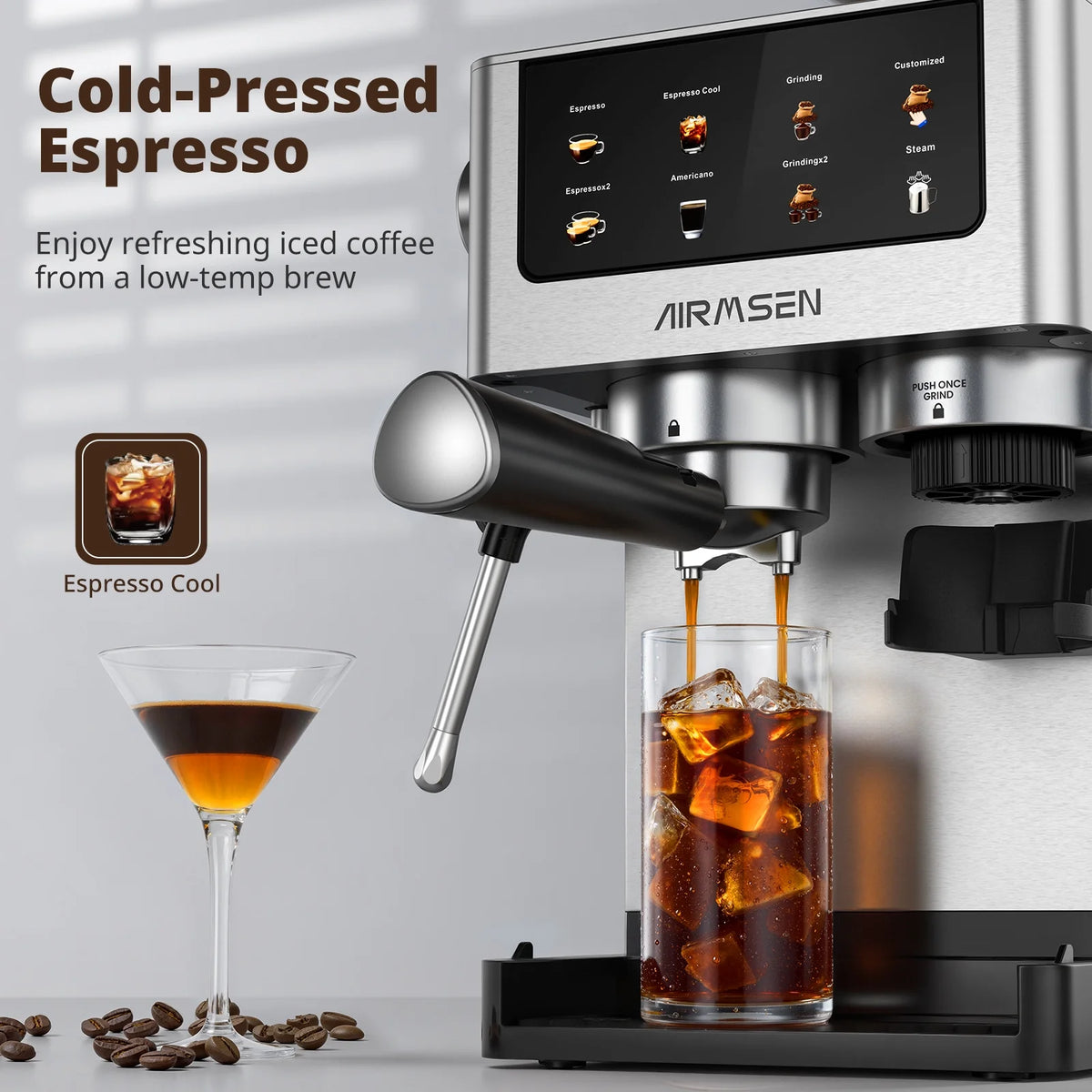 AIRMSEN Espresso Machine with Grinder, Espresso Coffee Machine with Customized Grind Amount & Coffee Volume, Cold Brew Coffee Maker for Cappuccino Latte Americano, Brushed Stainless Steel