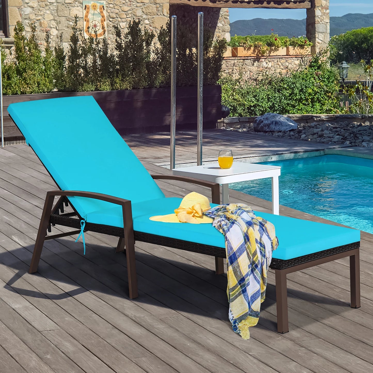 Costway 2PCS Patio Rattan Lounge Chair Chaise Recliner Back Adjustable Cushioned Red