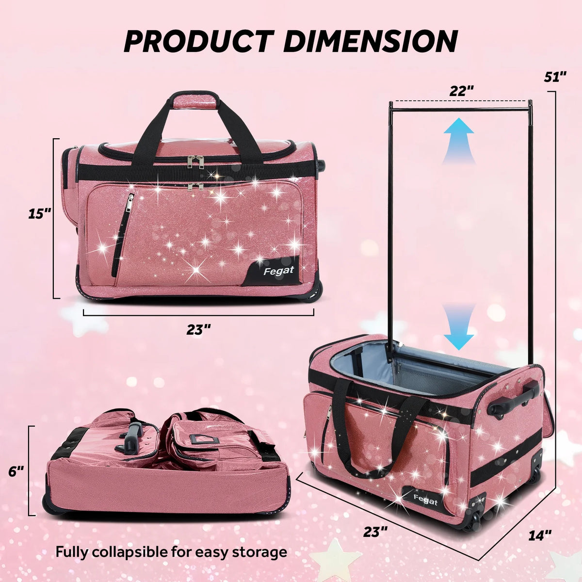 Fegat Dance Bag with Garment Rack,23"Glitter Bright Rolling Dance Duffel Bag Lightweight Competition Bag Costume Suitcase for Dancers Performer Artist, Shine Glitter Purple