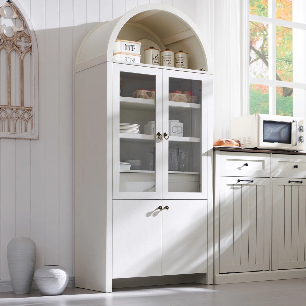 SinCiDo Arched Kitchen Pantry Storage Cabinet, 71-Inch Tall Wood Adjustable Shelves, 2 Doors, 2 Drawers