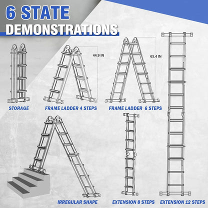 HBTower Ladder, A Frame 4 Step Extension Ladder, 14 Ft Multi Position Ladder with Removable Tool Tray and Stabilizer Bar, 330 lbs Capacity Telescoping Ladder for Household and Outdoor Work