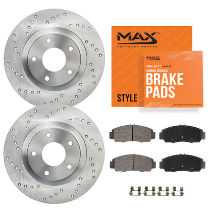 Max Advanced Brakes - Brake Kit for 2006-2011 2012 2013-2018 Dodge Ram 1500 5 Lug 2007-2009 Dodge Durango Front Replacement Cross Drilled Disc Brake Rotors and Ceramic Brake Pads