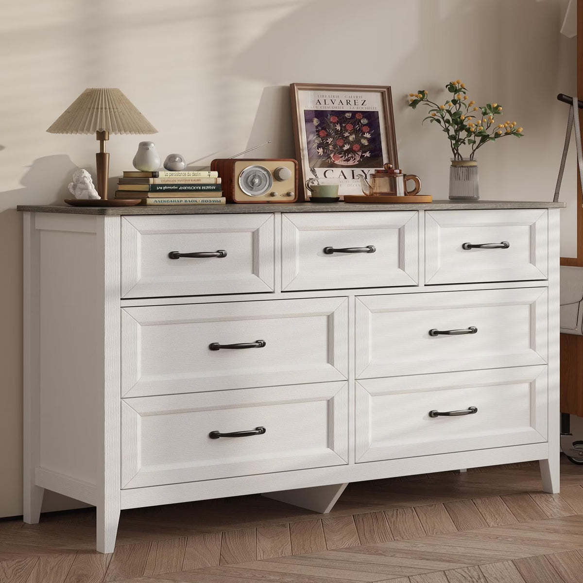Lofka 47.2" Dresser for Bedroom with 6 Double Drawers, Farmhouse Wood Storage Cabinet with Smooth Metal Handle