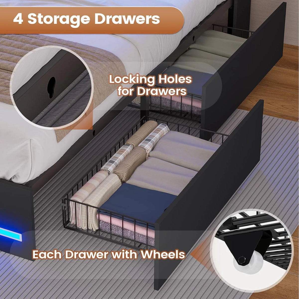 AOGLLATI Upholstered Platform Twin Bed with 4 Storage Drawers & Charging Station & LED Lights, Black