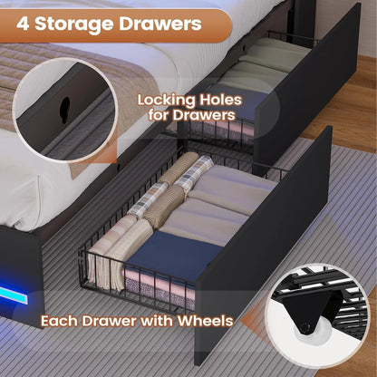 AOGLLATI Upholstered Platform Twin Bed with 4 Storage Drawers & Charging Station & LED Lights, Black