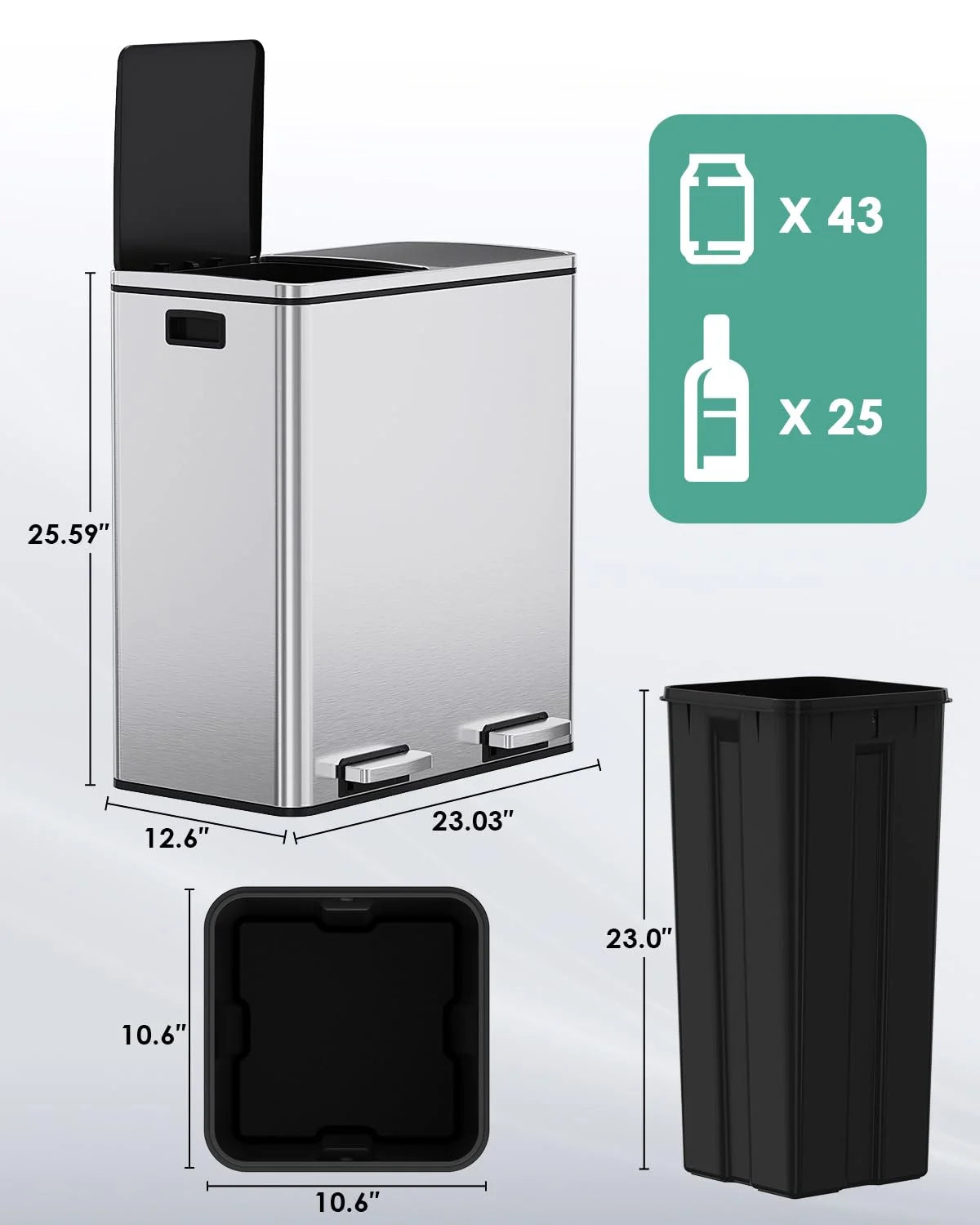 LAZY BUDDY Dual Garbage Can, Stainless Steel 16 Gallon Step Kitchen Trash Can with Soft-Close Lid, Double Compartment Garbage Recycling Bin
