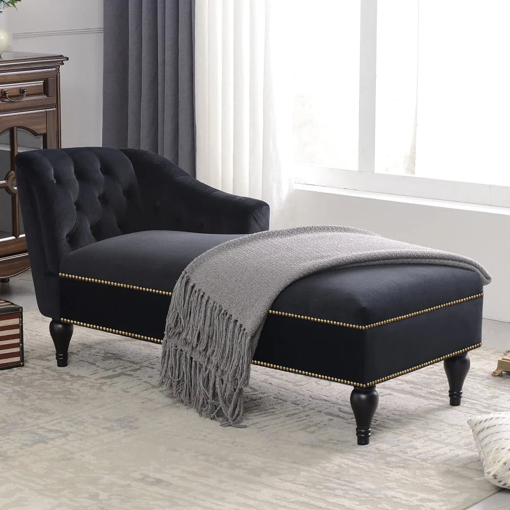 58" Velvet Chaise Lounge,Button Tufted Upholstered Rolled Arm Indoor Chair,Right Arm Facing Chaise Lounge with Nailhead Trim and Solid Wood Legs for Living Room Bedroom Office Apartment, Black
