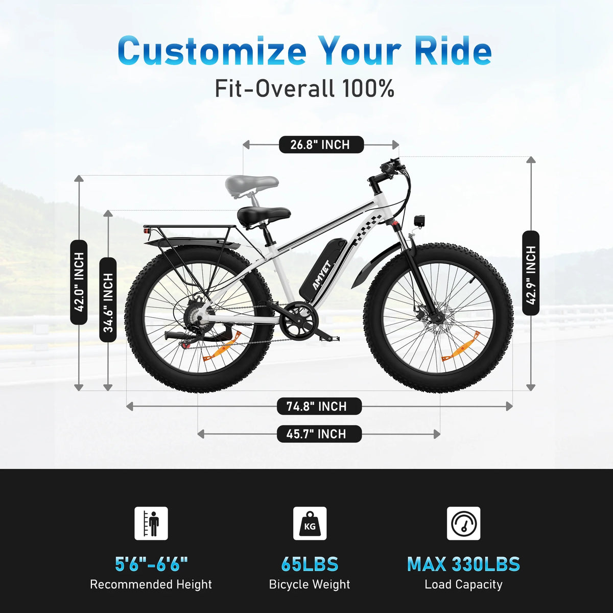 AMYET EB26 Electric Bike for Adults, 26*4.0 Fat Tire E-Mountain Bicycle,Peak 1500W Motor 48V 15Ah 7-Speed Ebike UL2849