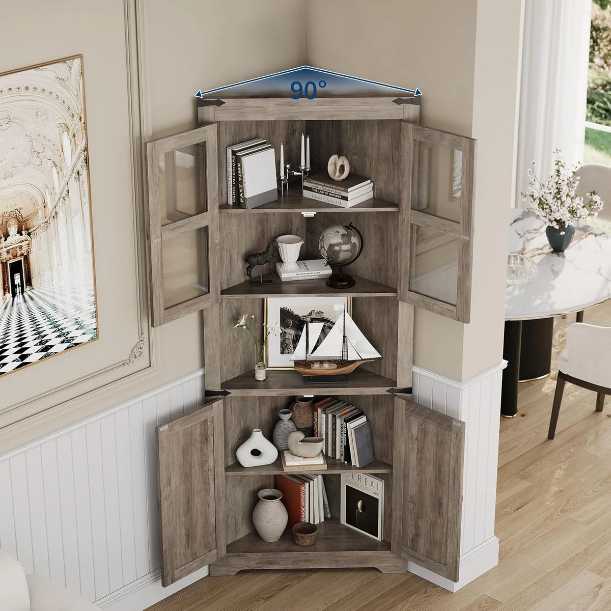 67" Tall Corner Storage Cabinet with Lights, Farmhouse Corner Hutch Display Cabinet with Glass Doors, Wooden Storage Organizer for Kitchen, Living Room, Bathroom, Washed Grey