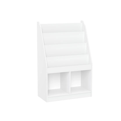 RiverRidge Kid Bookshelf Toy Storage Organizer with 4 Bookracks 2 Cubbies and 2 Gray Bins
