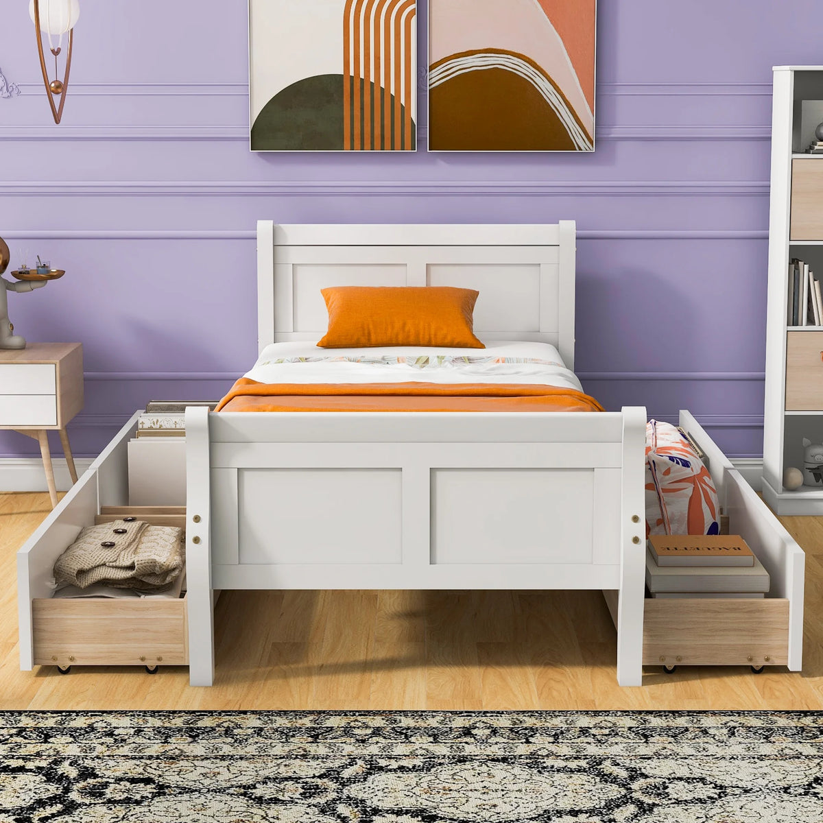 Full Size Wood Platform Bed with 4 Drawers,Storage Bed Frame with Streamlined Headboard and Footboard for Kids, Teens, Boys, Girls,Wooden Slats Support, No Box Spring Needed,Oak