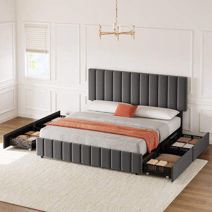 Full Size Bed Frame with 4 Storage Drawers and Adjustable Headboard, Linen Upholstered Platform Bed Frame with Wooden Slats Support, No Box Spring Needed, Dark Grey