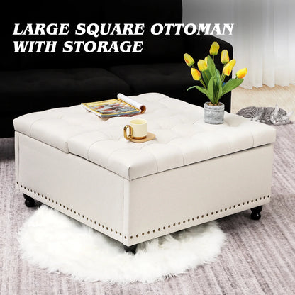 Magic Union 35" Large Square Storage Ottoman, Oversized Square Ottoman with Storage, Tufted Upholstered Ottoman Coffee Table with Lift Top for Living Room (Beige)