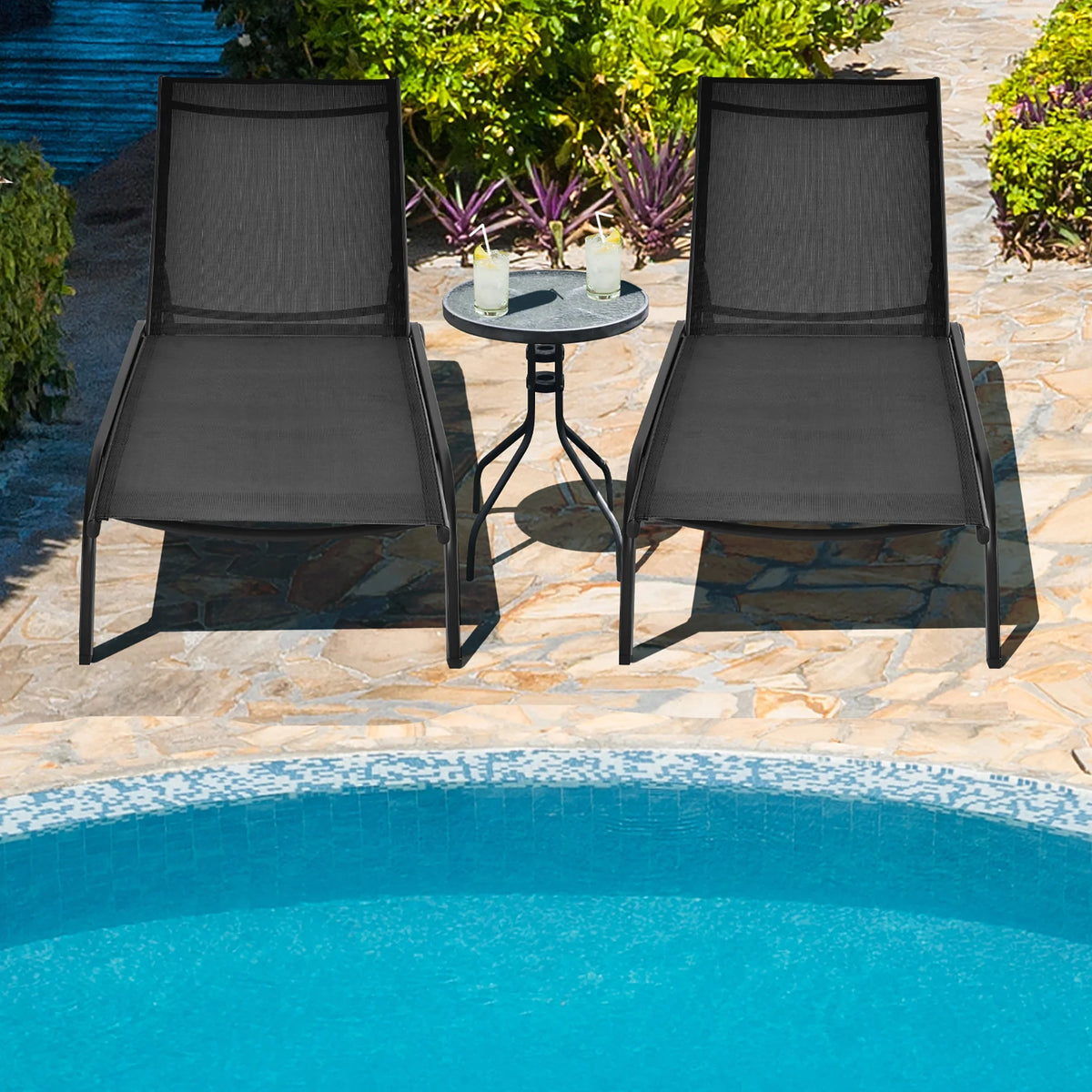 Costway 2PCS Outdoor Adjustable Chaise Lounge Patio 6-Position Recliner Wheels Black