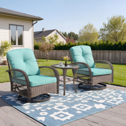 3 Piece Patio Swivel Rocker Chairs Set, 2 360-Degree Swivel Rocking Chairs with 1 Glass Top Table, PE Rattan Outdoor Bistro Set with Cushions for Balcony Deck Poolside Backyard Porch
