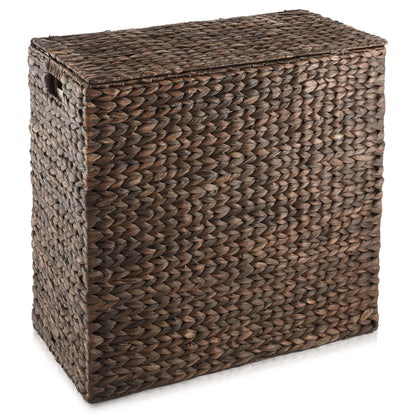 Casafield 2-Section Laundry Hamper with Lid and Removable Liner Bags - Natural, Woven Water Hyacinth Laundry Basket for Clothes